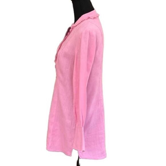 J Jill Light Pink 100% Linen Ruffle Yoke Long Sleeve Button Down Tunic Blouse XS - Picture 3 of 7